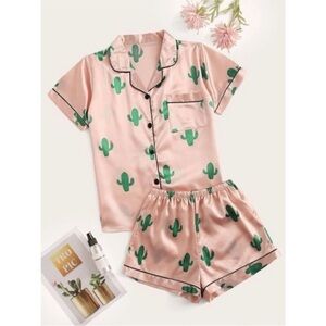 Satin Pink Pajama Set with a Green Cactus Print